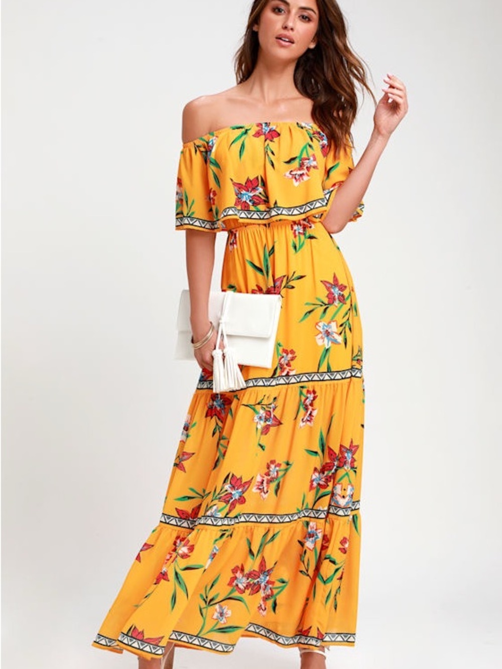 Lulu's Golden Yellow Floral Off-Shoulder Maxi Dress